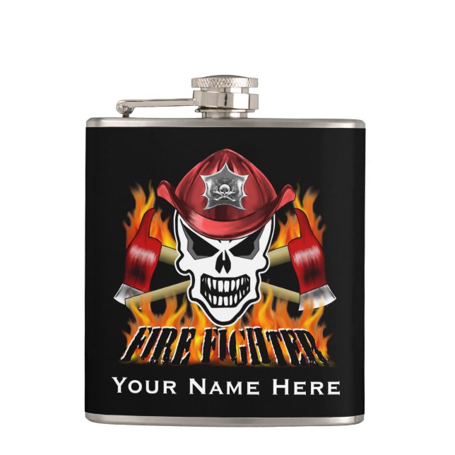 Firefighter Skull 2 and Flaming Axes Hip Flask (Front)