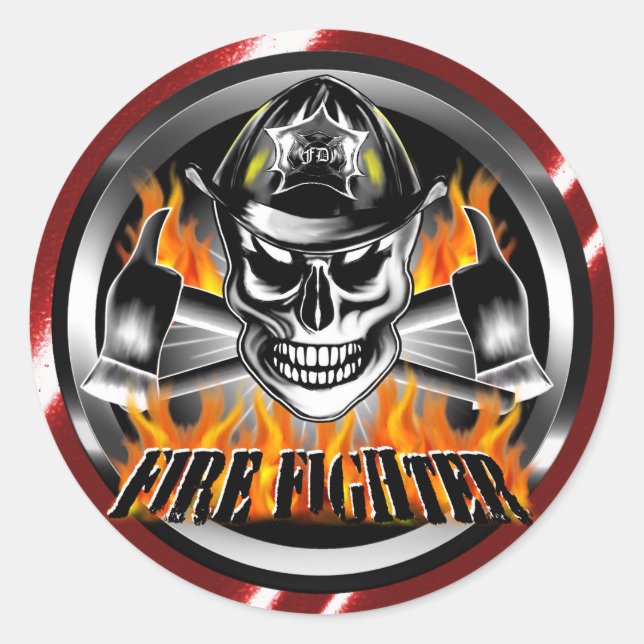 Firefighter Skull 4 and Flaming Axes Classic Round Sticker (Front)