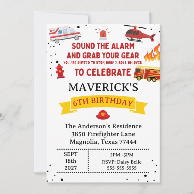 Firefighter Sound The Alarm Birthday Invitation (Front)