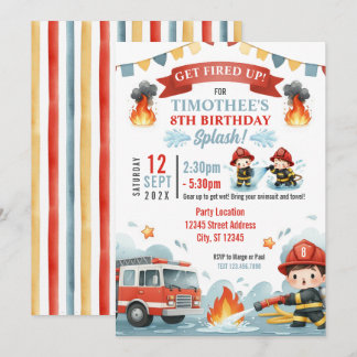Firefighter Splash Boys Summer Birthday Pool Party Invitation