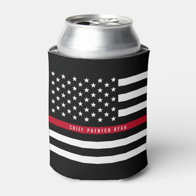 Firefighter Thin Red Line American Flag Monogram Can Cooler (Can Front)