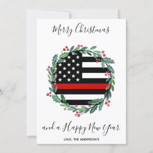 Firefighter Thin Red Line Christmas Wreath Holiday Card
