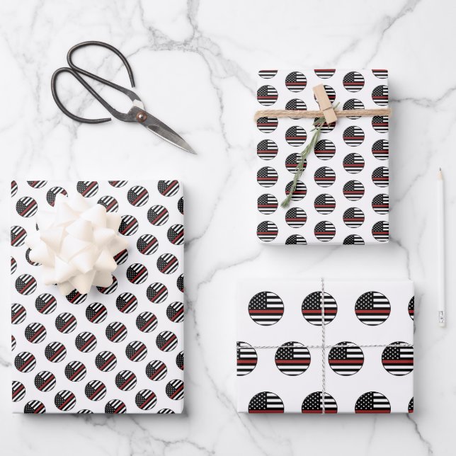 Firefighter Thin Red Line Fire Rescue America Flag Wrapping Paper Sheet (Front)