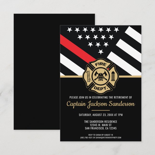 Firefighter Thin Red Line Fireman Retirement Party Invitation (Front/Back)