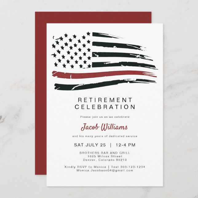  FireFighter Thin Red Line Flag Retirement Party Invitation (Front/Back)