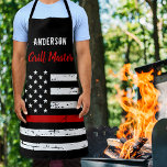 Firefighter Thin Red Line Grill Master BBQ Apron<br><div class="desc">Thin Blue Line Firefighter Apron - USA American flag design in Firefighter Flag colours, distressed design . This personalized firefighter apron is perfect for birthdays, Christmas, police retirement gifts, or fathers day for your fireman. Perfect for all firefighters, fire rescue volunteers and firemen family and supporters. Personalize with name. COPYRIGHT...</div>