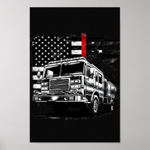 Firefighter Thin Red Line Grunge Flag Poster