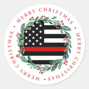 Firefighter Thin Red Line Wreath Merry Christmas Classic Round Sticker