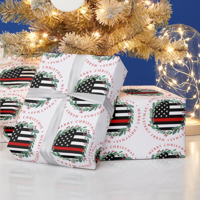 Firefighter Thin Red Line Wreath Merry Christmas Wrapping Paper (Holidays)