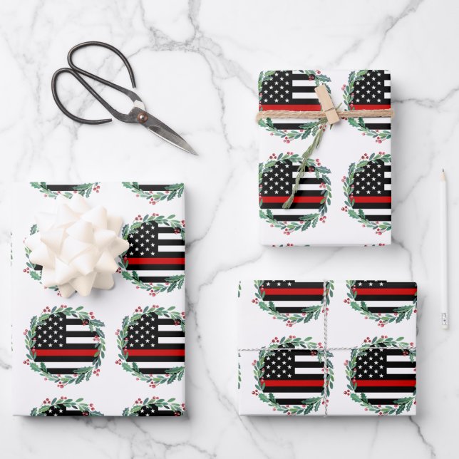 Firefighter Thin Red Line Wreath Merry Christmas Wrapping Paper Sheet (Front)