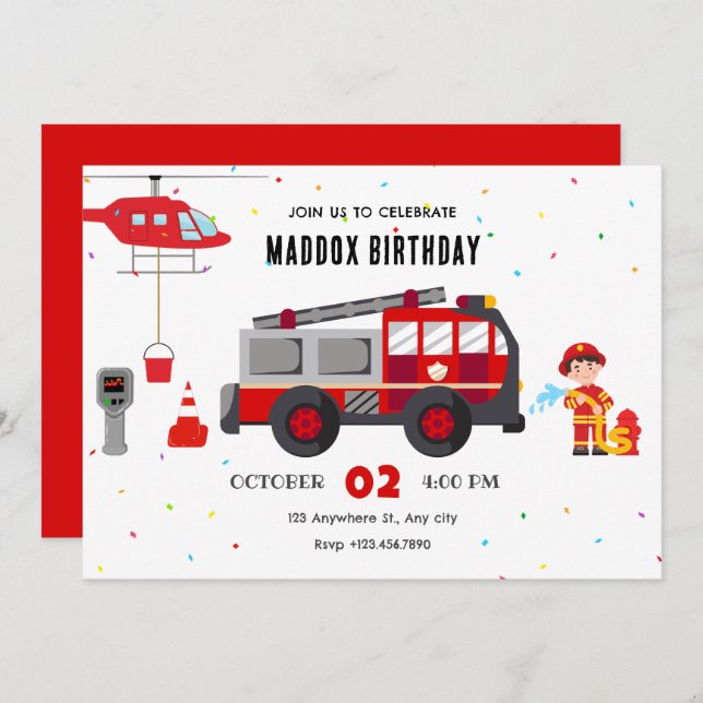 Firefighter truck helicopter birthday invitation (Front/Back)