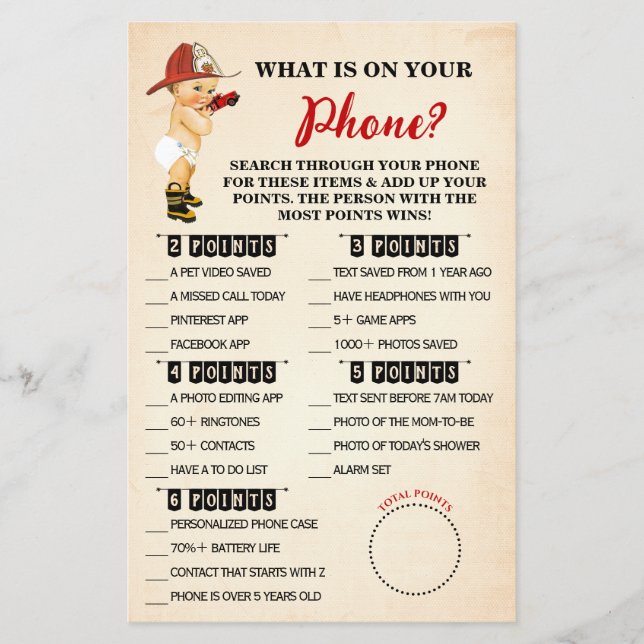 Firefighter What is on your Phone Shower Game Card (Front)