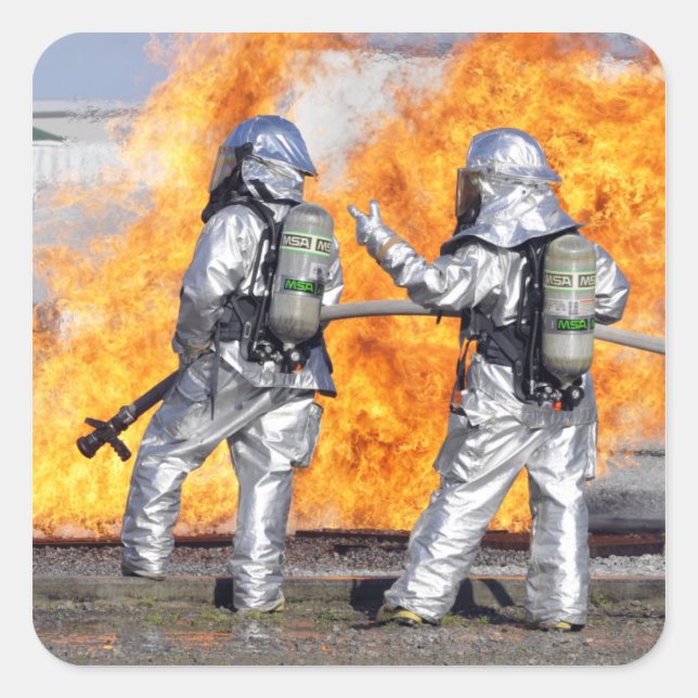Firefighters battle a simulated fire square sticker (Front)