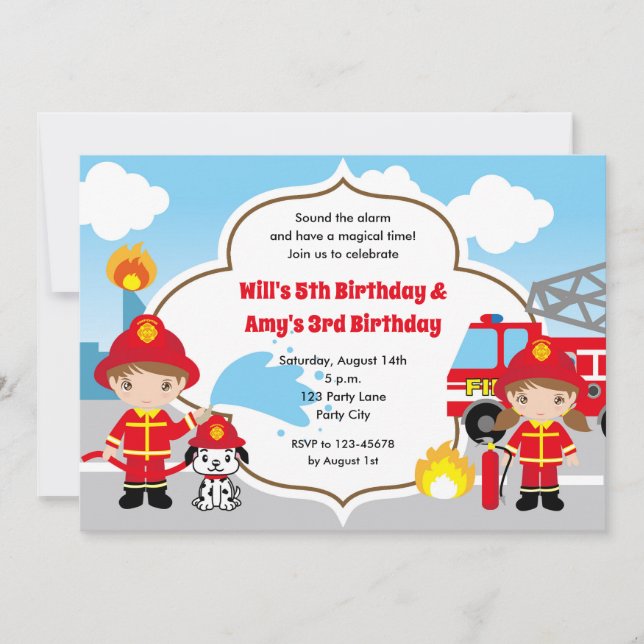 Firefighters Birthday Invitations - Twins Joint (Front)