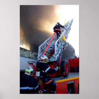 Firefighters Climbing Ladder Poster