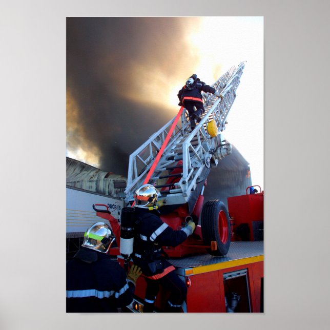 Firefighters Climbing Ladder Poster (Front)