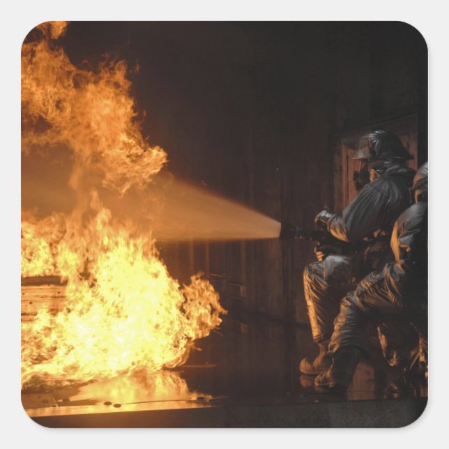 Firefighters extinguish a simulated battery fir square sticker (Front)
