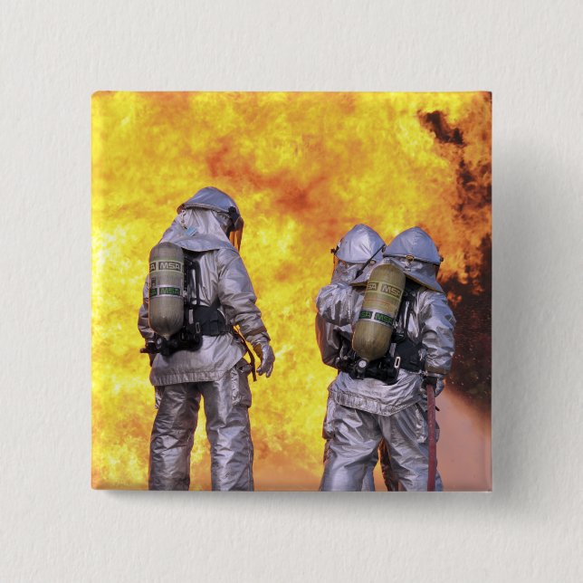 Firefighters extinguish an aircraft fire 2 inch square button (Front)