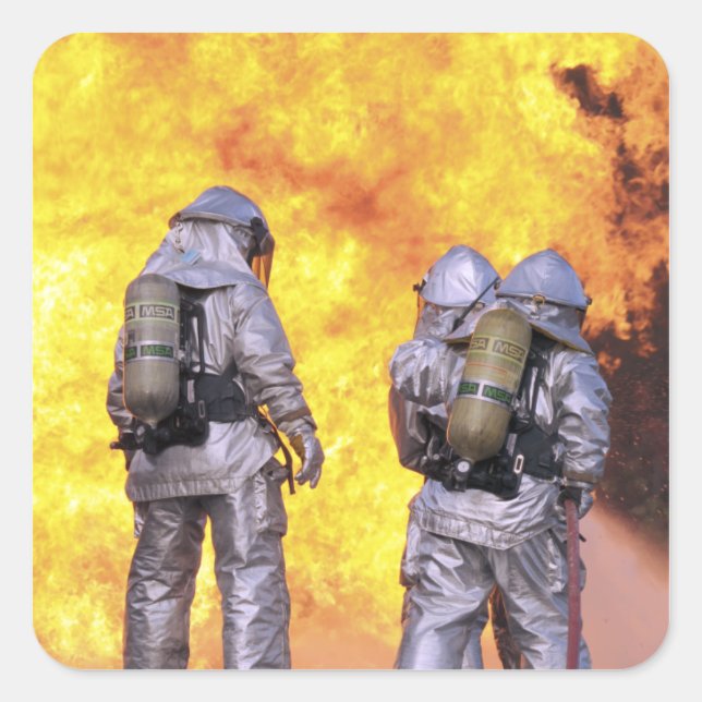 Firefighters extinguish an aircraft fire square sticker (Front)