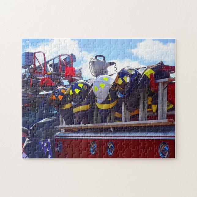 Firefighters - Helmet on Fire Truck Jigsaw Puzzle (Horizontal)