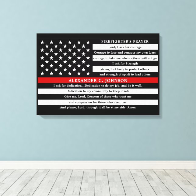 Firefighter's Prayer Personalized Thin Red Line Canvas Print (Insitu(Wood Floor))