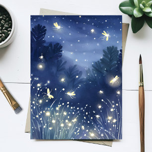 Fireflies at Night Firefly Blue Watercolor Postcard