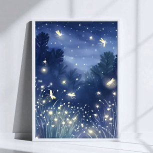Fireflies at Night Firefly Blue Watercolor Poster