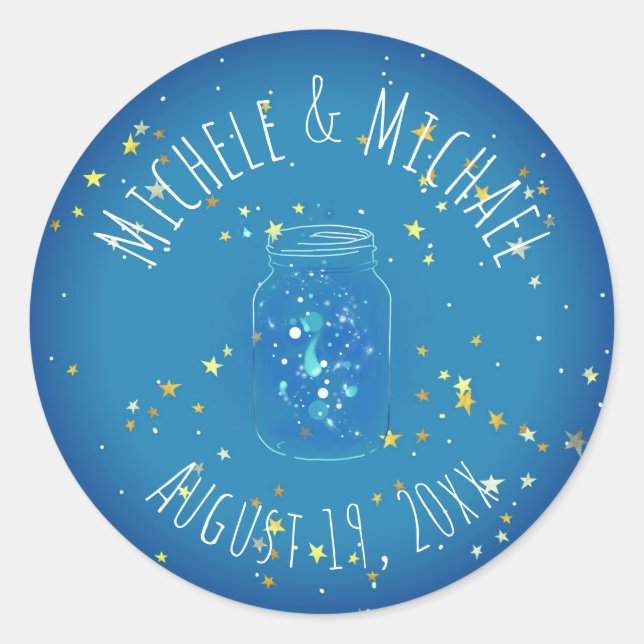Fireflies in Jar Personalized Names Date Star Back Classic Round Sticker (Front)