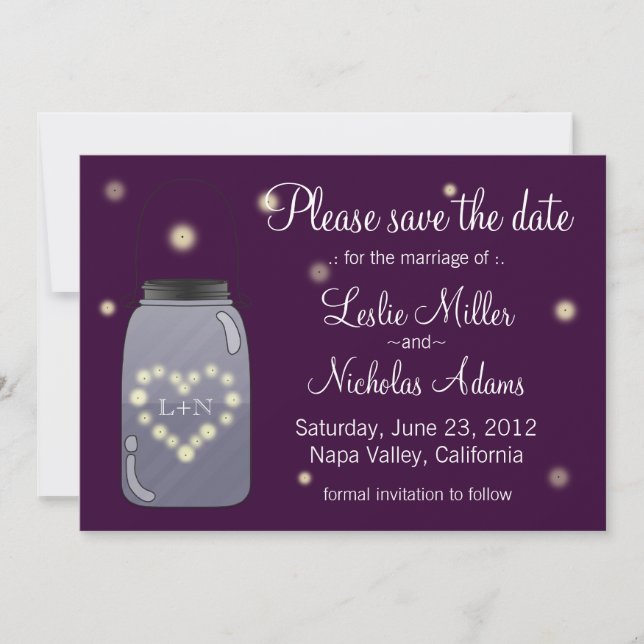 Fireflies in Mason Jar Heart Love Save the Date (Front)