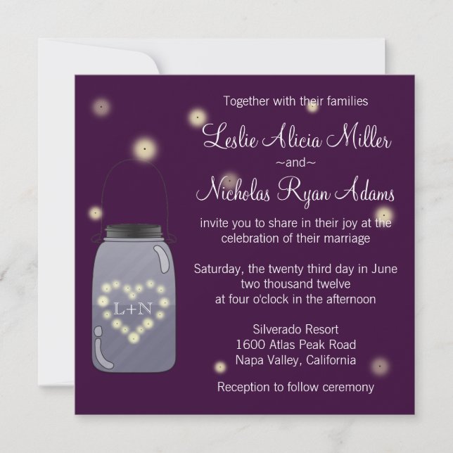 Fireflies in Mason Jar Heart Wedding Invitation (Front)
