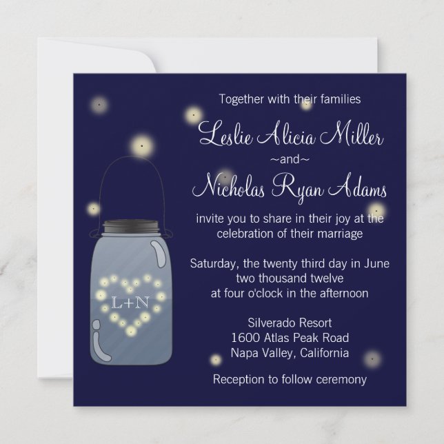 Fireflies in Mason Jar Heart Wedding Invitation (Front)