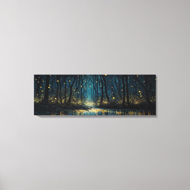 Fireflies light up a dark fantasy forest Panoramic Canvas Print (Front)