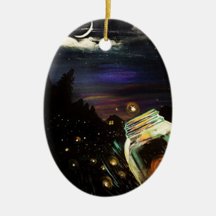 Fireflies Mason Jar Moonlit Cottage Woodland Scene Ceramic Ornament