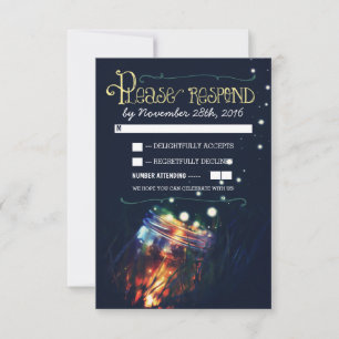 fireflies mason jar rustic garden wedding RSVP Card