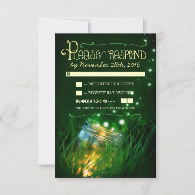 fireflies mason jar rustic garden wedding RSVP Card (Front)