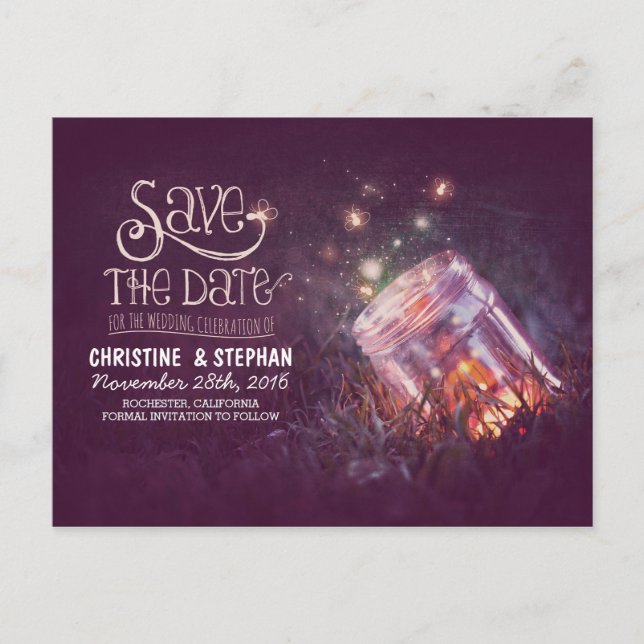 fireflies mason jar rustic romantic save the date announcement postcard (Front)