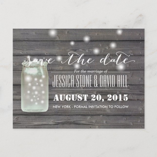 Fireflies & Mason Jar Wood Save the Date Announcement Postcard (Front)