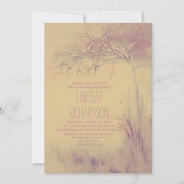 Fireflies Mason Jars Rustic Tree Bridal Shower Invitation (Front)