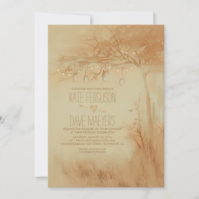 Fireflies Mason Jars Rustic Tree Wedding Invites (Front)