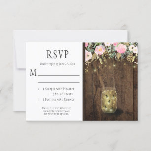 Fireflies Mason Jars String Lights Pink Gold RSVP Card