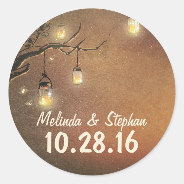 Fireflies mason jars tree branches wedding sticker (Front)
