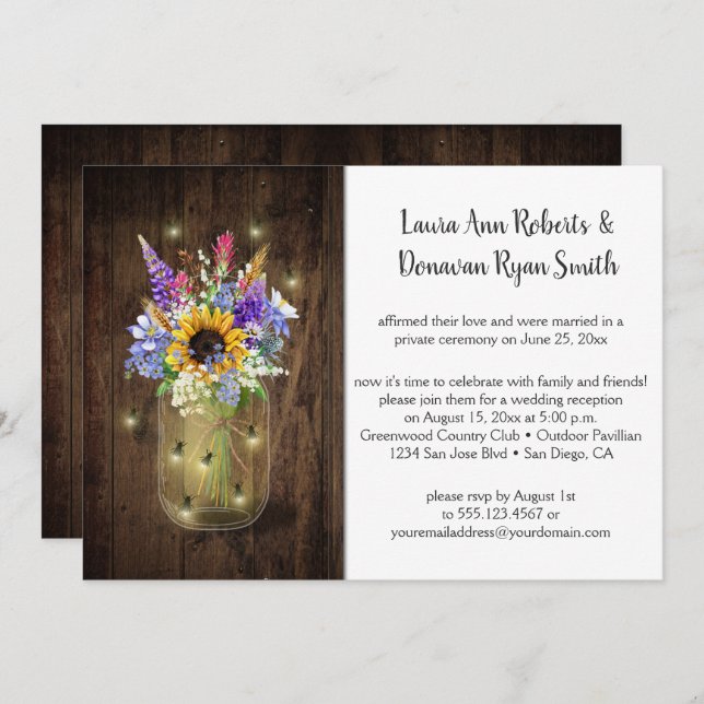Fireflies Mason Jars Wildflowers Reception Only Invitation (Front/Back)
