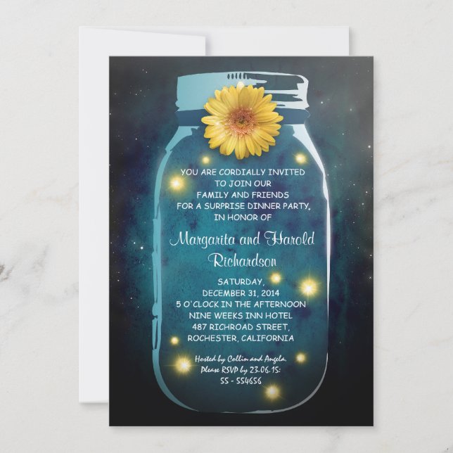 Fireflies & Rustic Mason Jar Whimsical Anniversary Invitation (Front)