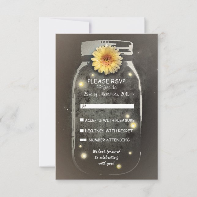 Fireflies& Rustic Mason Jar Whimsical Wedding RSVP Card (Front)