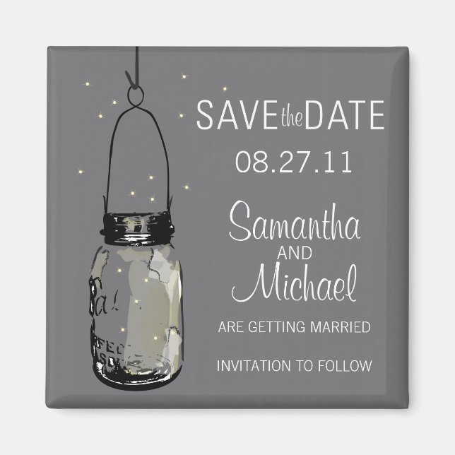 Fireflies & Vintage Mason Jar Save the Date Magnet (Front)