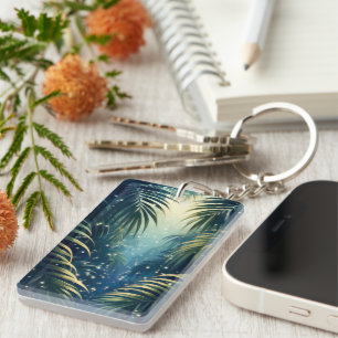 Firefly-dotted palm leaves, moonlight, watercolor keychain