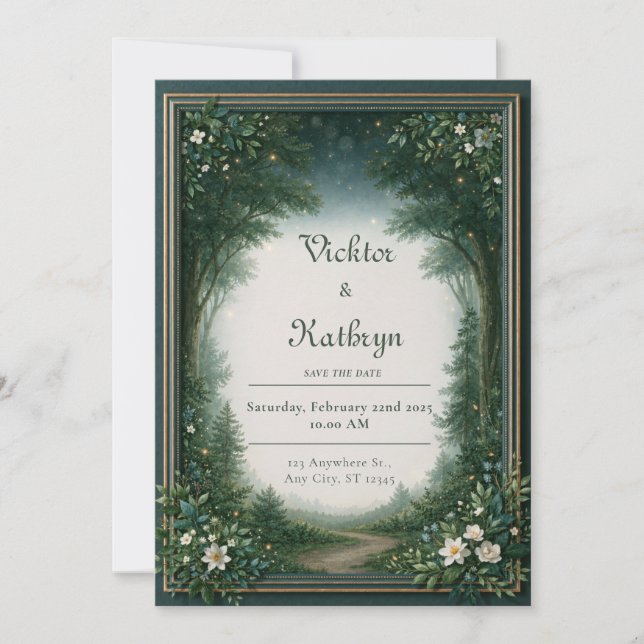 Firefly Emerald Woodland Border Wedding Invitation (Front)