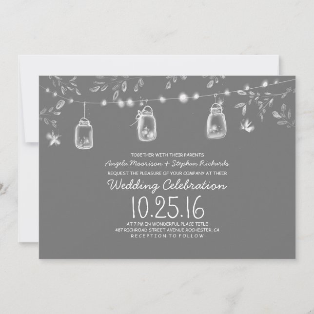 firefly lights mason jars rustic wedding invitation (Front)