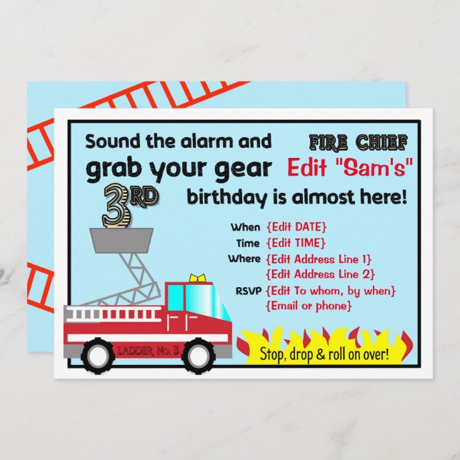 Fireman 3rd birthday party invitations Firefighter (Front/Back)