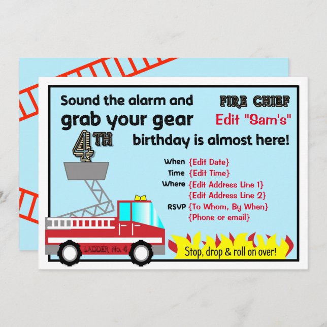 Fireman 4th birthday party invitations Firefighter (Front/Back)